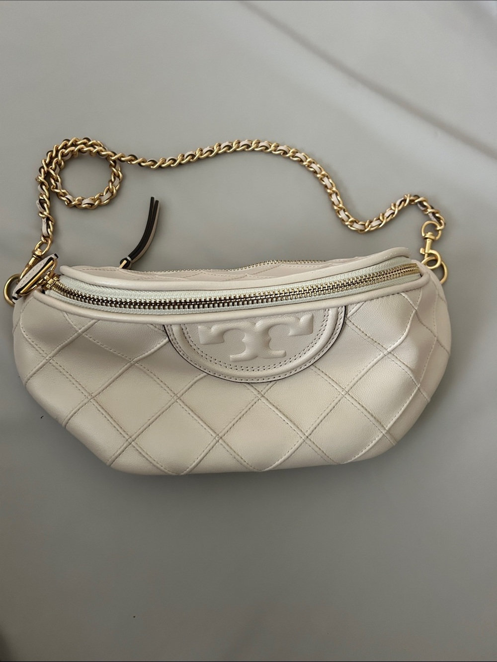Tory Burch Quilted Cream Leather Crossbody with Gold Chain